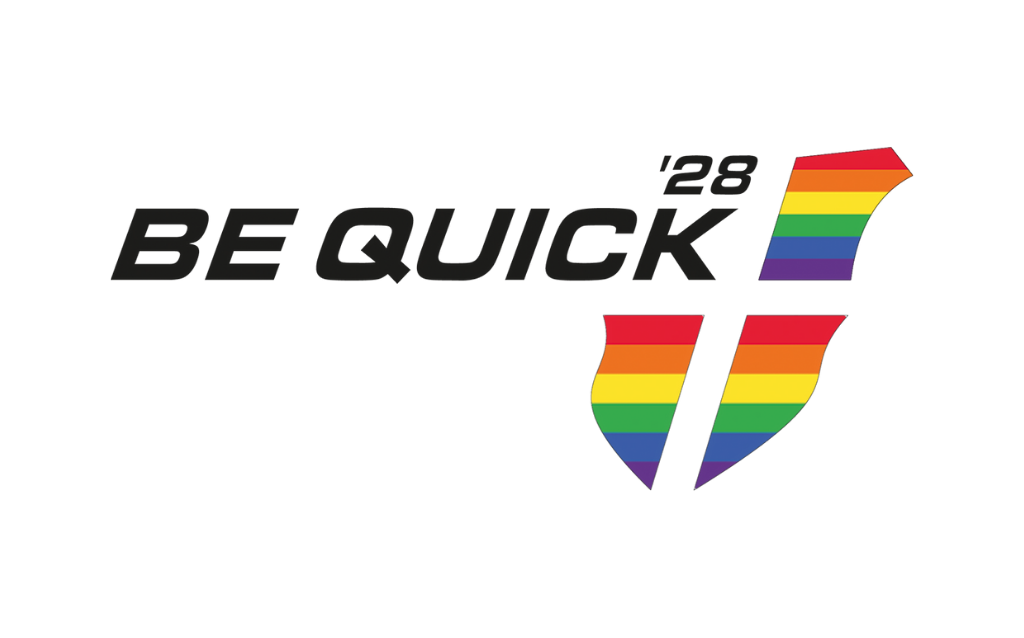 Logo Be Quick'28 in Regenboog vlag thema (LHBTI)