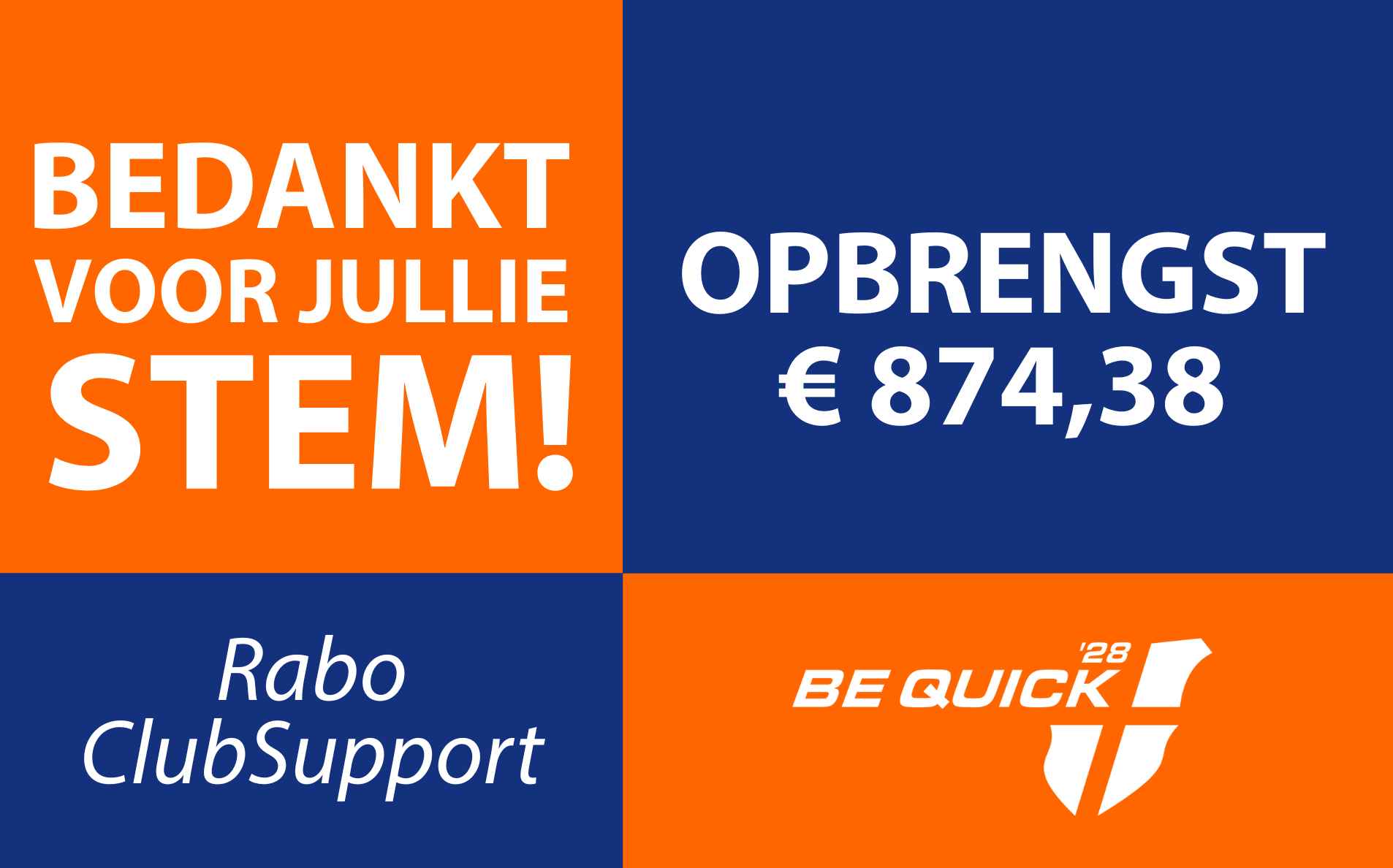 Be Quick ’28 ontvangt €874,38 van de Rabobank!