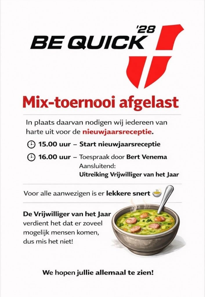 Be Quick mixtoernooi afgelast